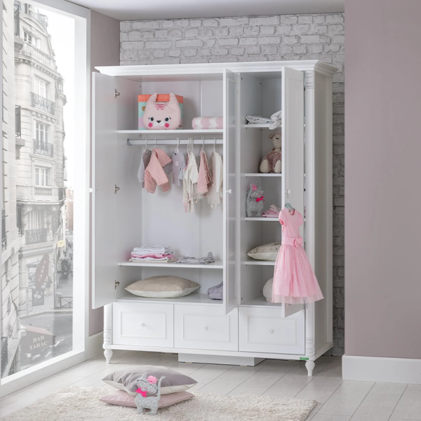 Трикрилен детски гардероб с чекмеджета NIL - бял