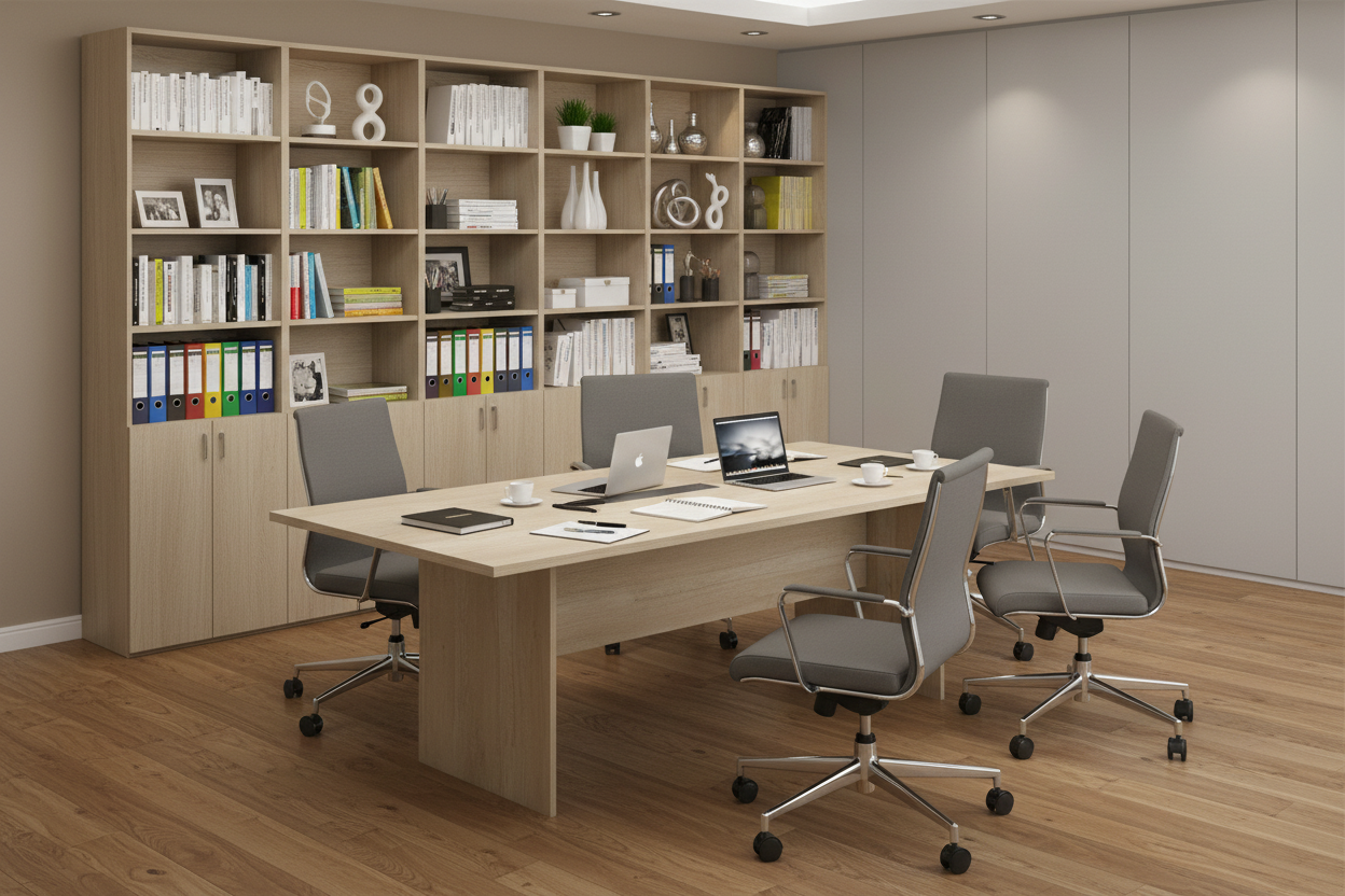 Конферентна маса 200см в офис интериор с библиотека