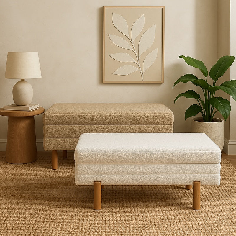 Комплект табуретка Cindy  от 2 букле плат в бежов и бял нюанс