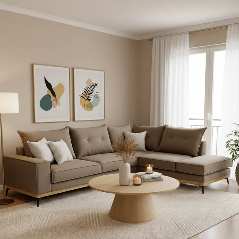 Ъглов диван Luxury  ляв ъгъл дамаска мока-крем 290x235x95см