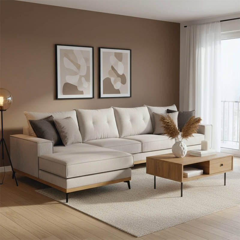 Ъглов диван Luxury II десен ъгъл дамаска крем-мока 290x235x95см