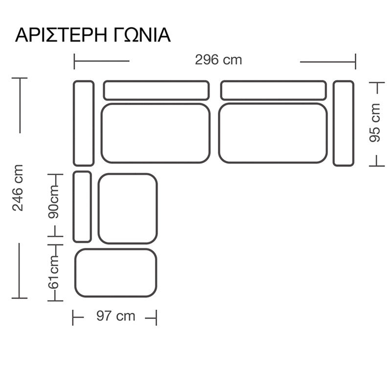 Обръщащ се диван  London сив плат-светлосиви възглавници 296x246x95см