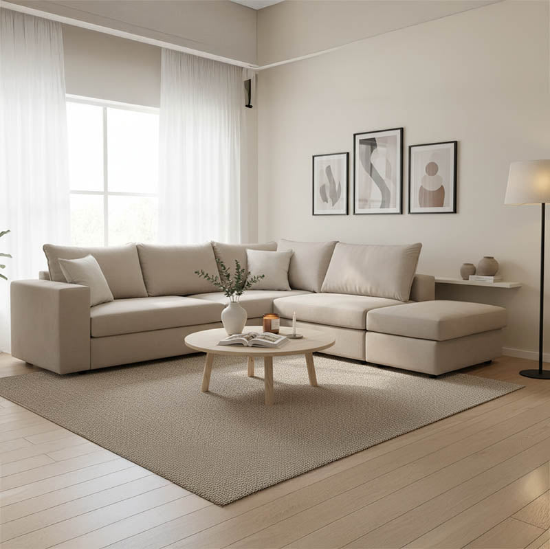 Обръщащ се полиморфен диван London сиво-бежов плат-светлосиви възглавници 296x246x95см