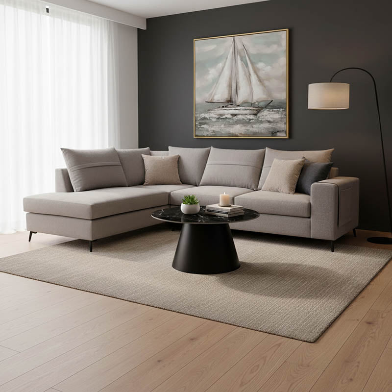 Десен ъглов диван Монтана сив плат-светло сиви възглавници 275x215x93см