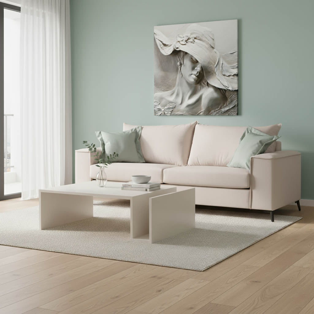 VERONA 3-местен диван кремава дамаска с ментови възглавници 225x93x100см