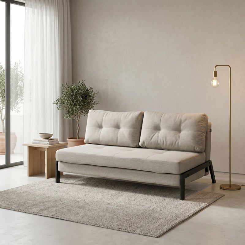 Двуместен диван - легло FANCY плат бежово-черни метални крака 150x98x70см