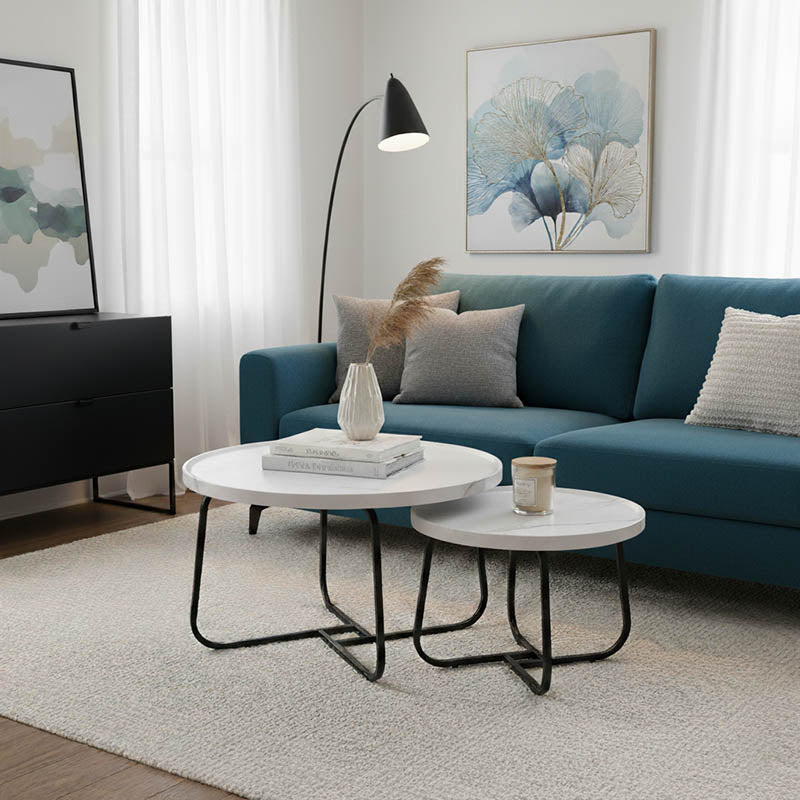 Комплект маси за кафе 2бр. Crismory  МДФ в бял мраморен нюанс и черни метални крака