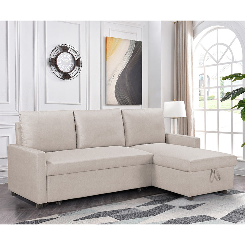 Ъглов двустранен диван Infuse с място за съхранение бежов плат 203x130x88 см