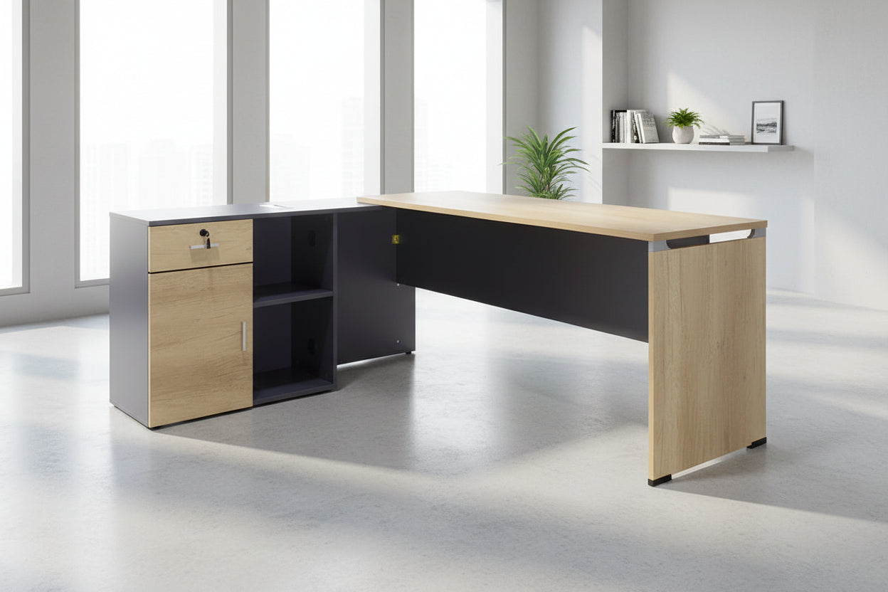 Професионално бюро реверсивно Lotus дъб-тъмно сив цвят 180x160x75см