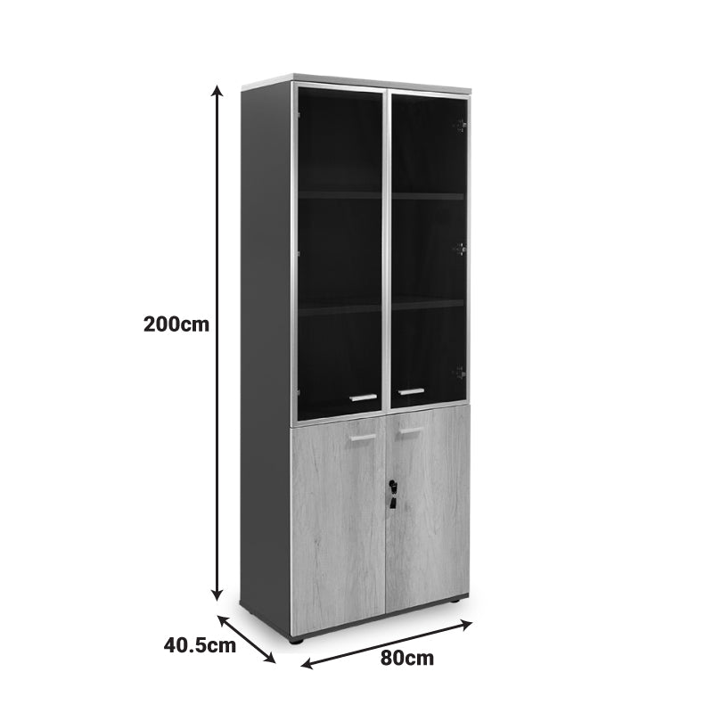 Етажерка Lotus с четири врати от стъкло и дърво в цвят дъб - тъмно сив цвят 80x40x200см