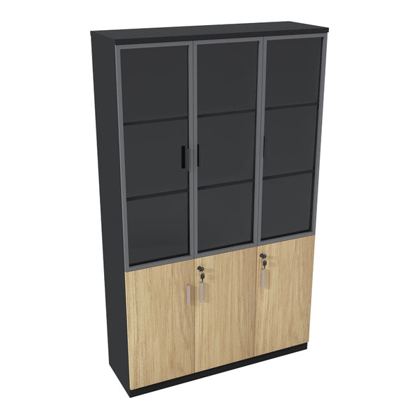 Библиотека LOTUS със стъкло и дърво в естествен - тъмносив цвят 120x40x200см