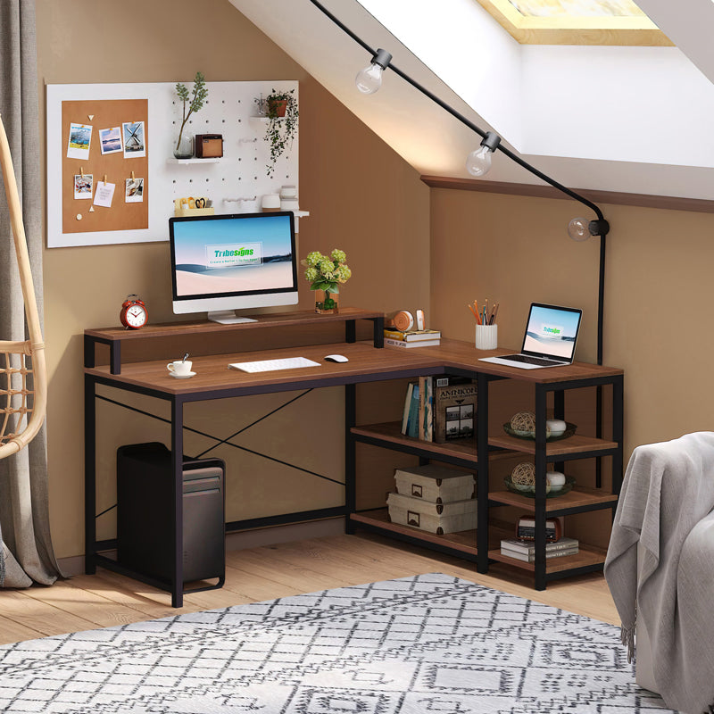 Ъглово компютърно реверсивно бюро Tebul MDF-метал в цвят светъл дъб 100x60x88см