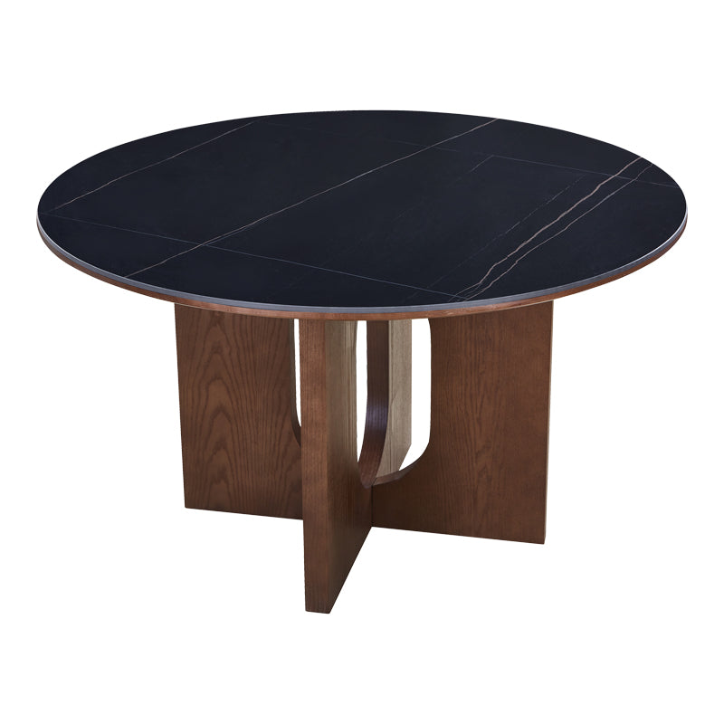 Трапезна маса Merge синтерован камък-mdf в цвят черен мрамор - основа орех d130x75см