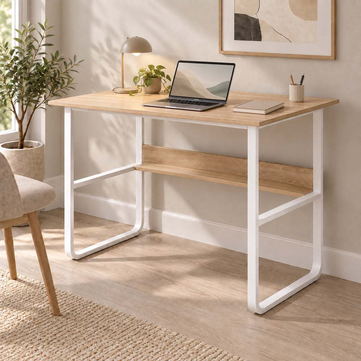Бюро  KELA mdf в цвят дъб и бели метални крака 100x60x73см