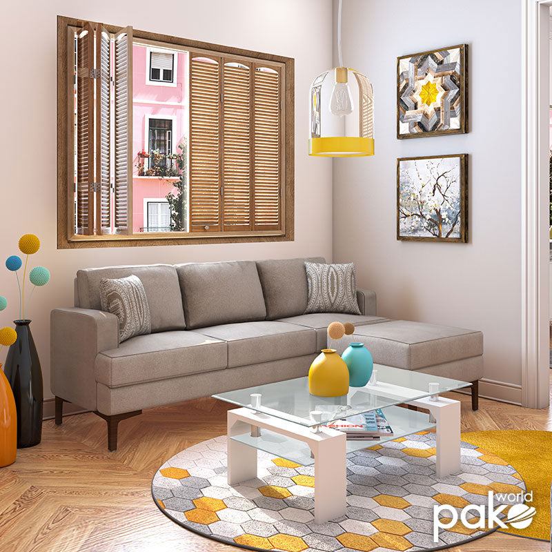 Ъглов диван Slim с бежов плат и две възглавници 185x140x70см