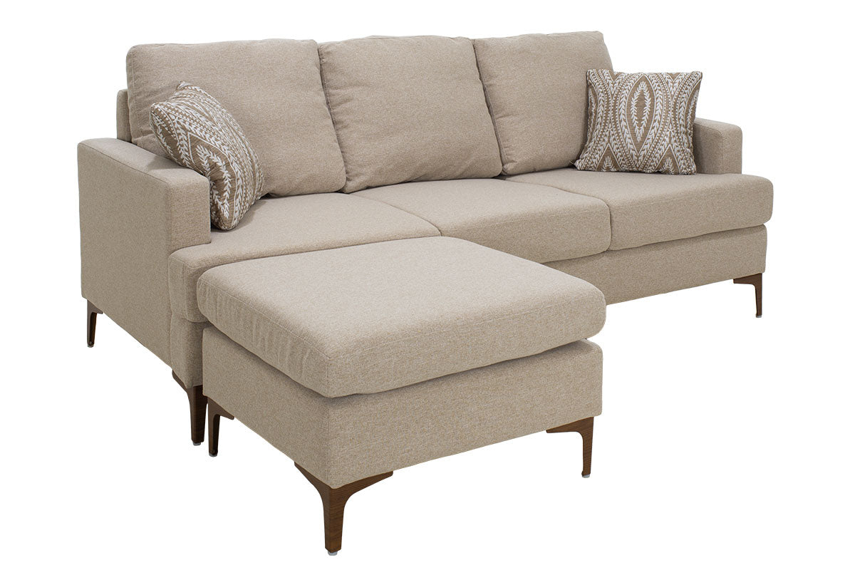 Ъглов диван Slim с бежов плат и две възглавници 185x140x70см