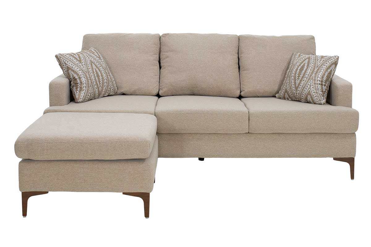Ъглов диван Slim с бежов плат и две възглавници 185x140x70см