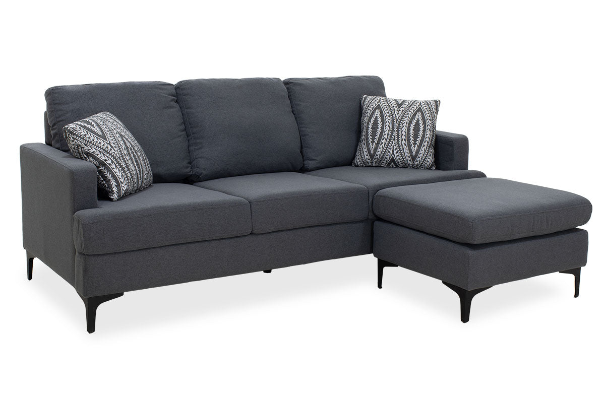 Ъглов диван с тъмно сива дамаска Slim и две възглавници 185x140x70см