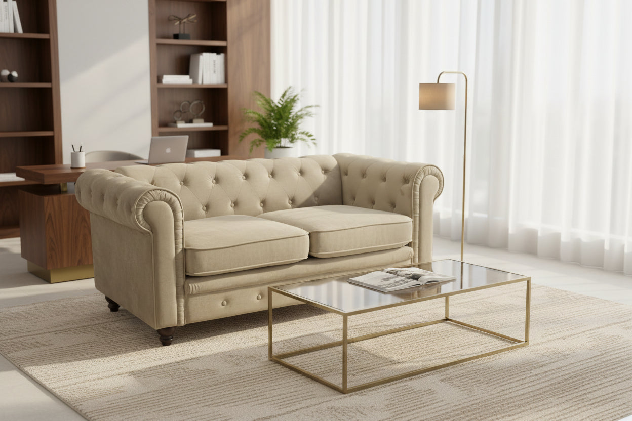 Двуместен диван Chesterfield тип кадифе в бежов нюанс 160x84x67см