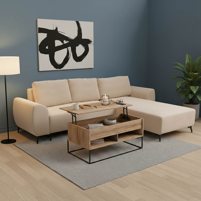 Триместен диван с място за съхранение Settee плат в бежов цвят 286x204x93см
