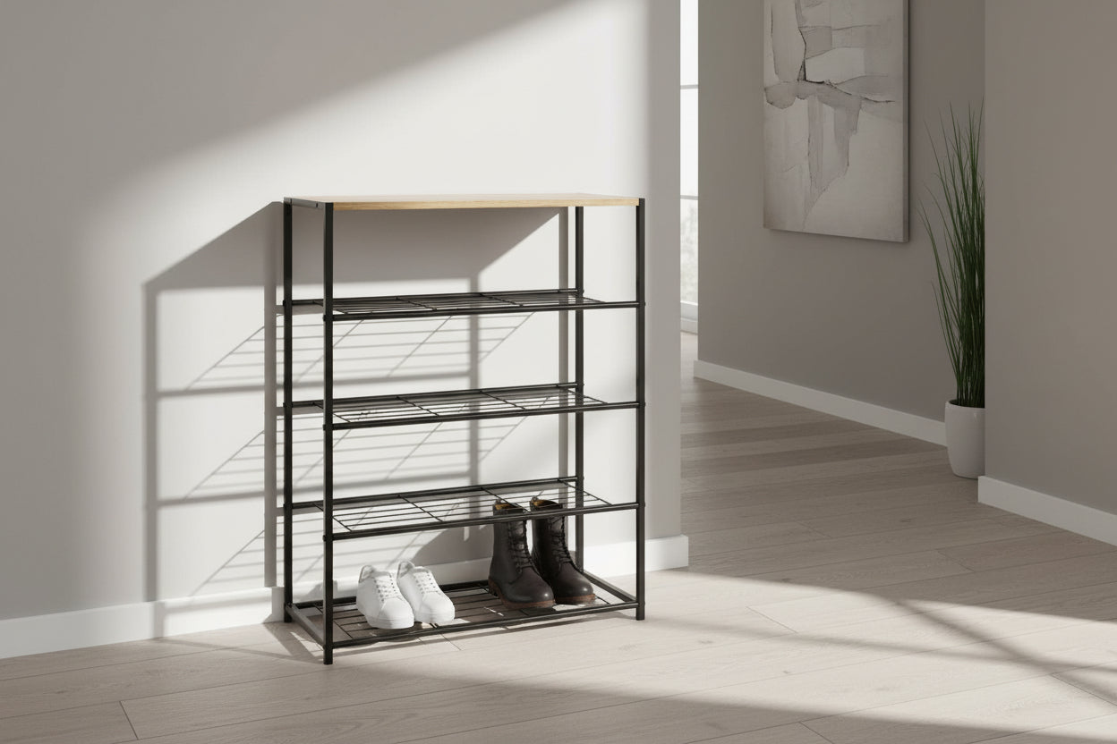 Поставка за обувки Ramon 12 чифта модерен цвят дъб с черна метална рамка 63x30x83см