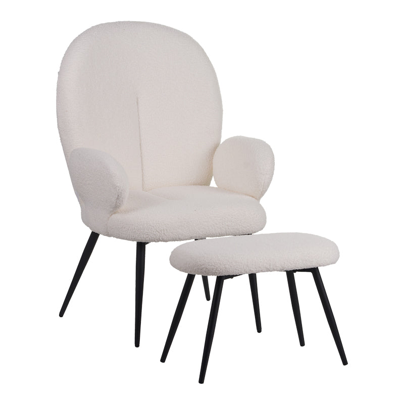 Фотьойл с табуретка Карар плат букле в бял нюанс с черни метални крака 67.5x67.5x106cm