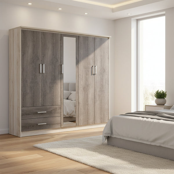 Гардероб OLYMPUS с 5 врати и чекмеджета+огледало в цвят castillo-toro 198x57x183
