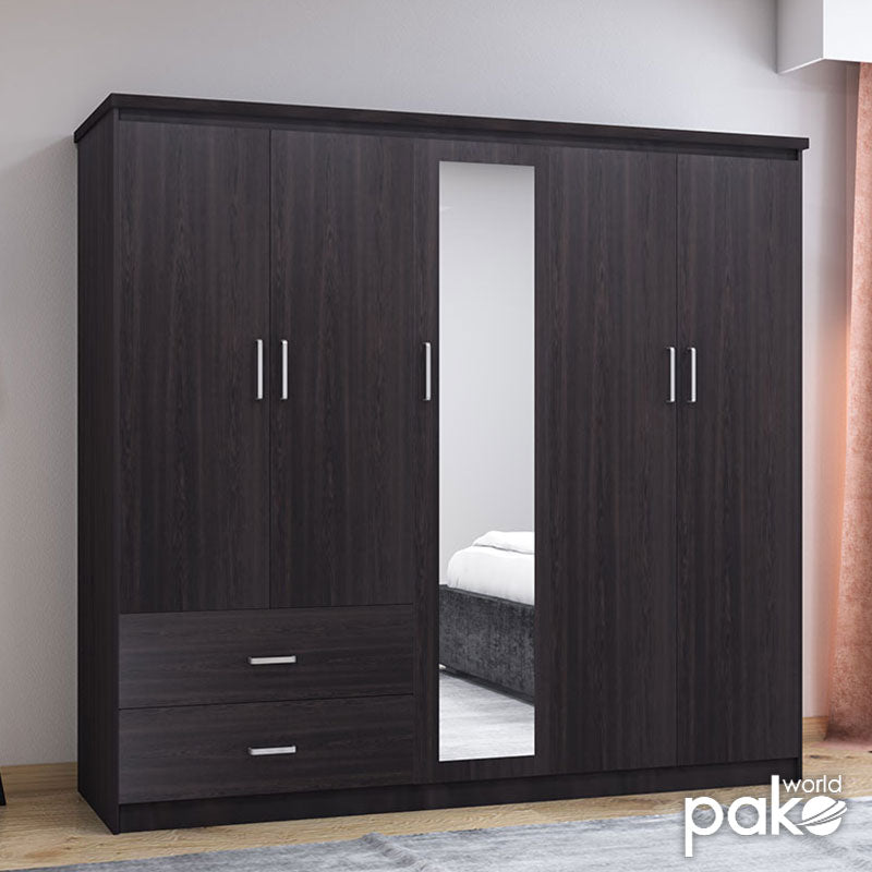 Гардероб OLYMPUS с 5 врати и чекмеджета+огледало цвят венге 198х57х183