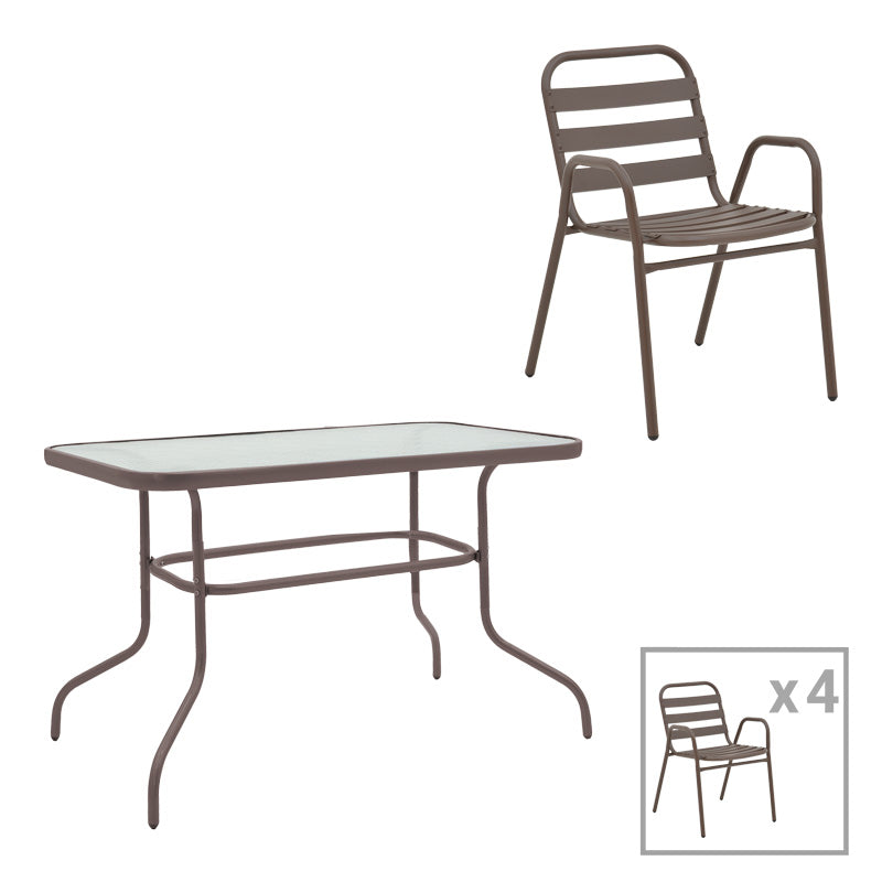 Трапезна маса и столове 5 части VALOR-SUSSIE метал кафяво-стъкло 110x60x70см