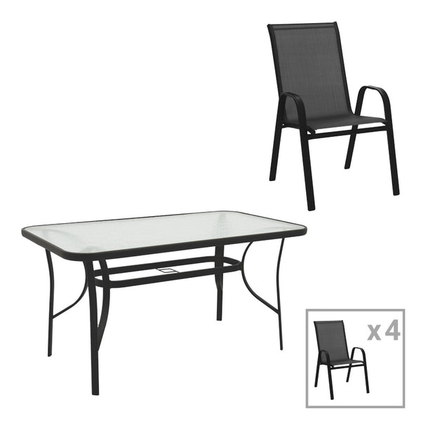 Трапезна маса и столове CALAN- ENSURE 5бр метал-стъкло в черен цвят 140x80x70см