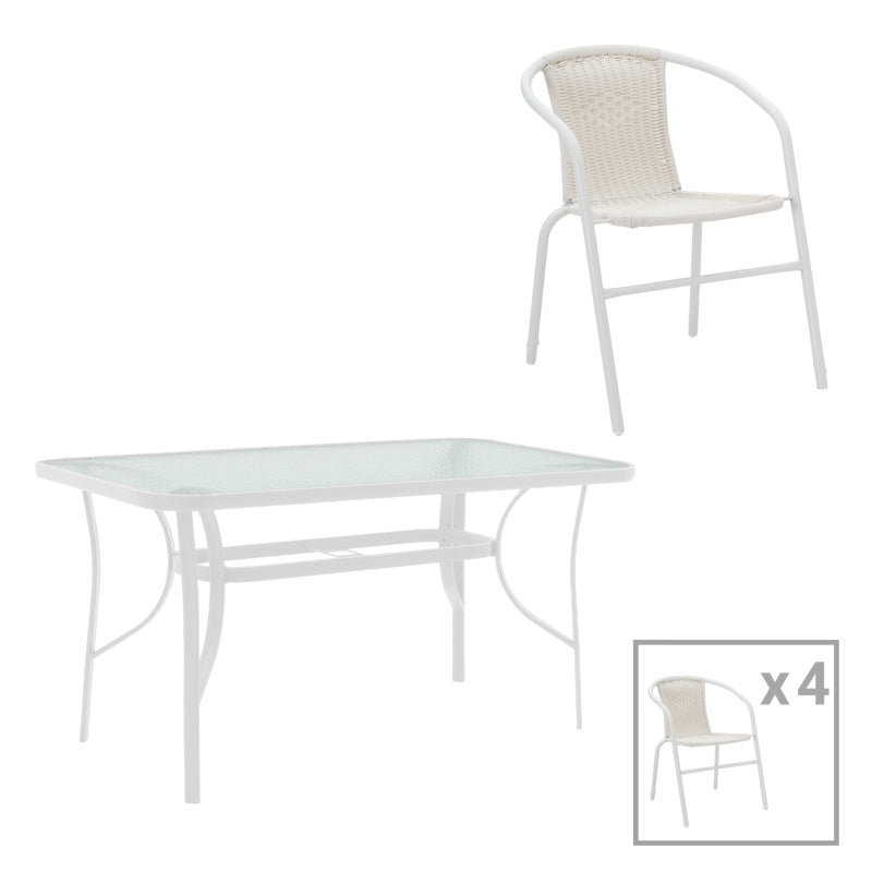 Градински комплект Obbi-Ensure 5бр метал-стъкло в бял цвят 120x70x70см