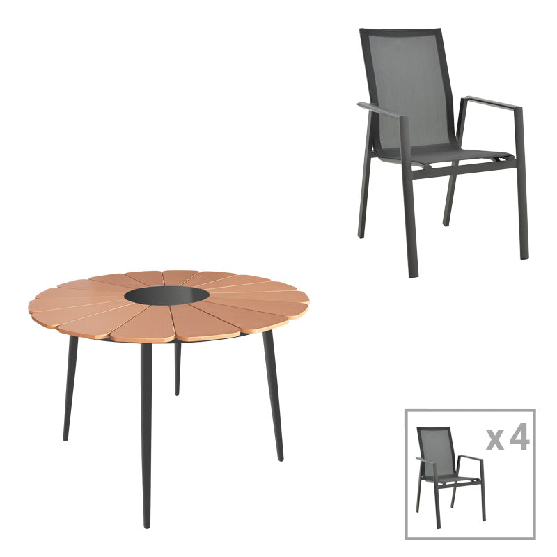 Комплект трапезна маса и столове Pinap-Dashiell от 5 бр черен алуминий/ в естествен нюанс φ110x74см