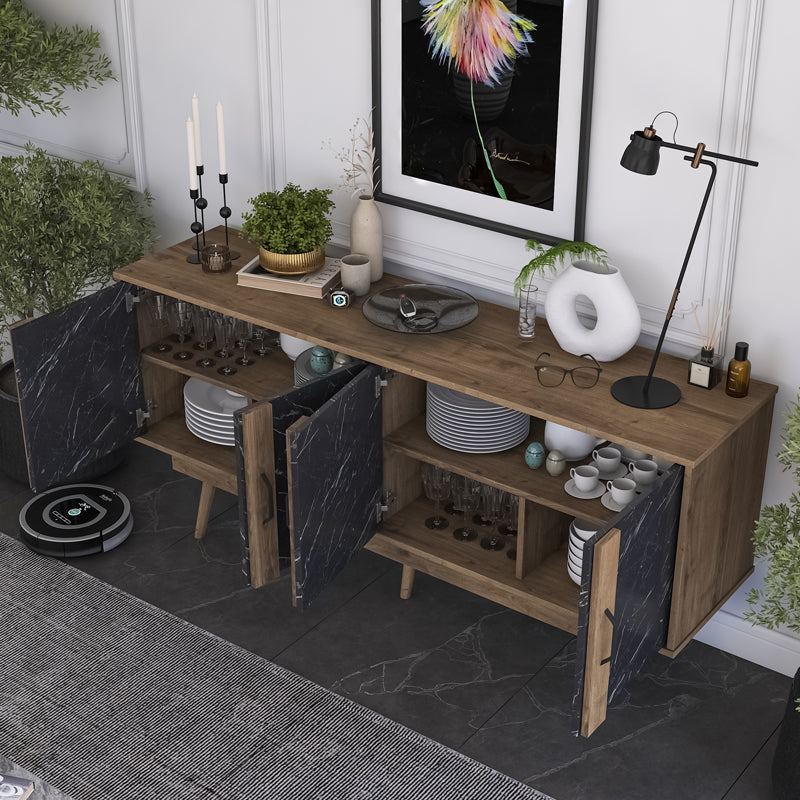 Бюфет Suckie в цвят орех-черен мрамор с меламин-орех pp крак 180x45x82.6cm