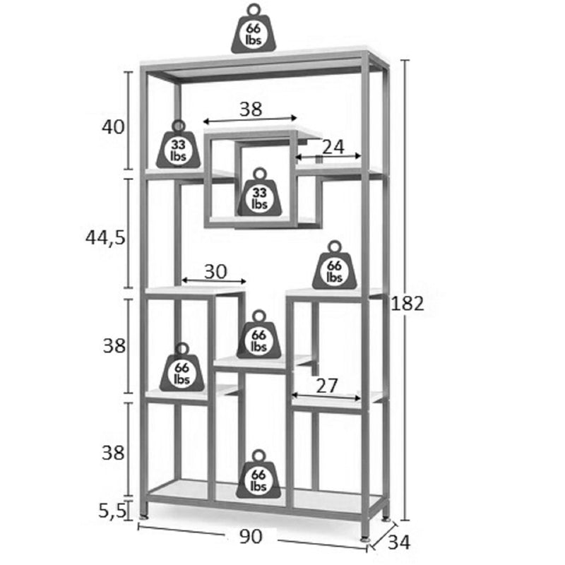 Aduti метален рафт за книги в златисто-бял нюанс 90x34x182см