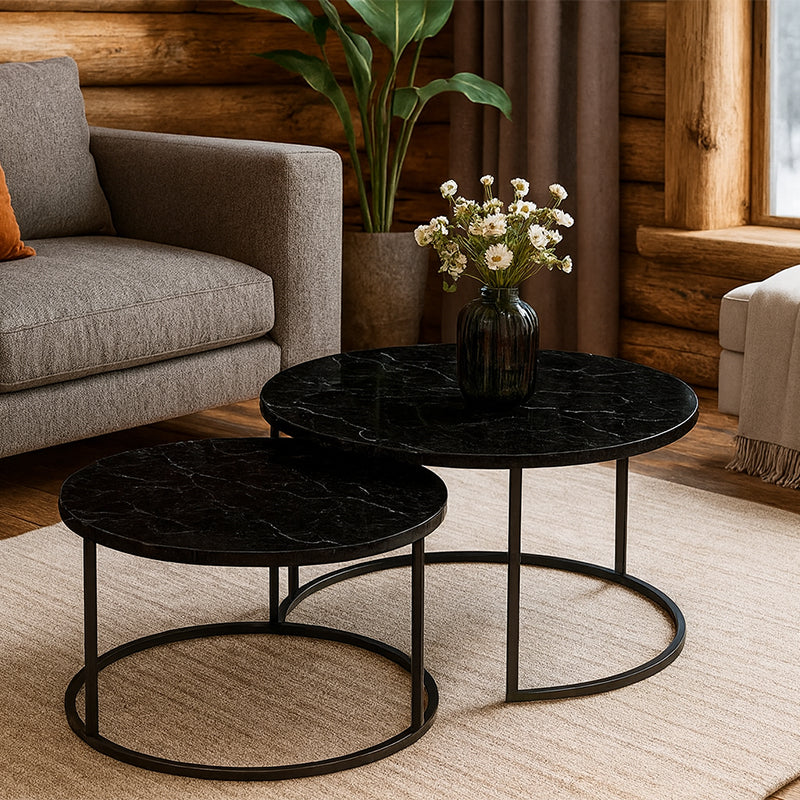 Холни масички Solme d, 2 бр., черен мраморен вид с черни метални крака