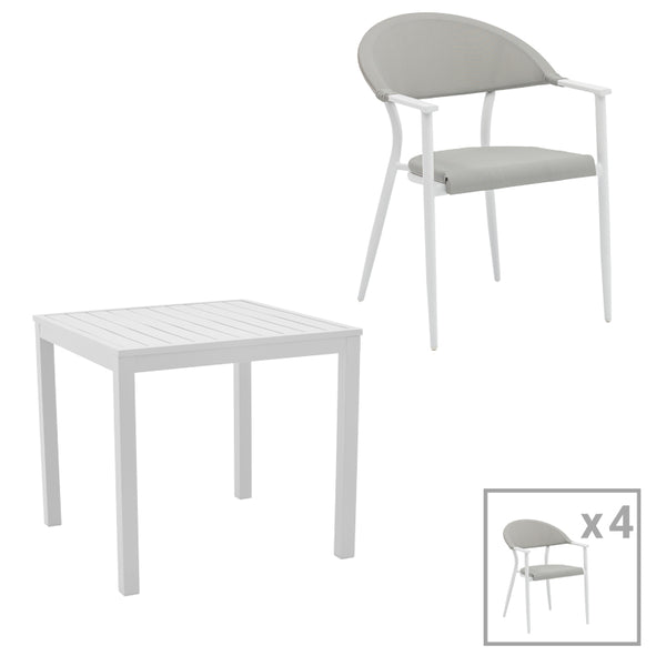 Трапезен комплект KLITON-PINO от 5бр алуминий в бял нюанс с маса 80x80x74см