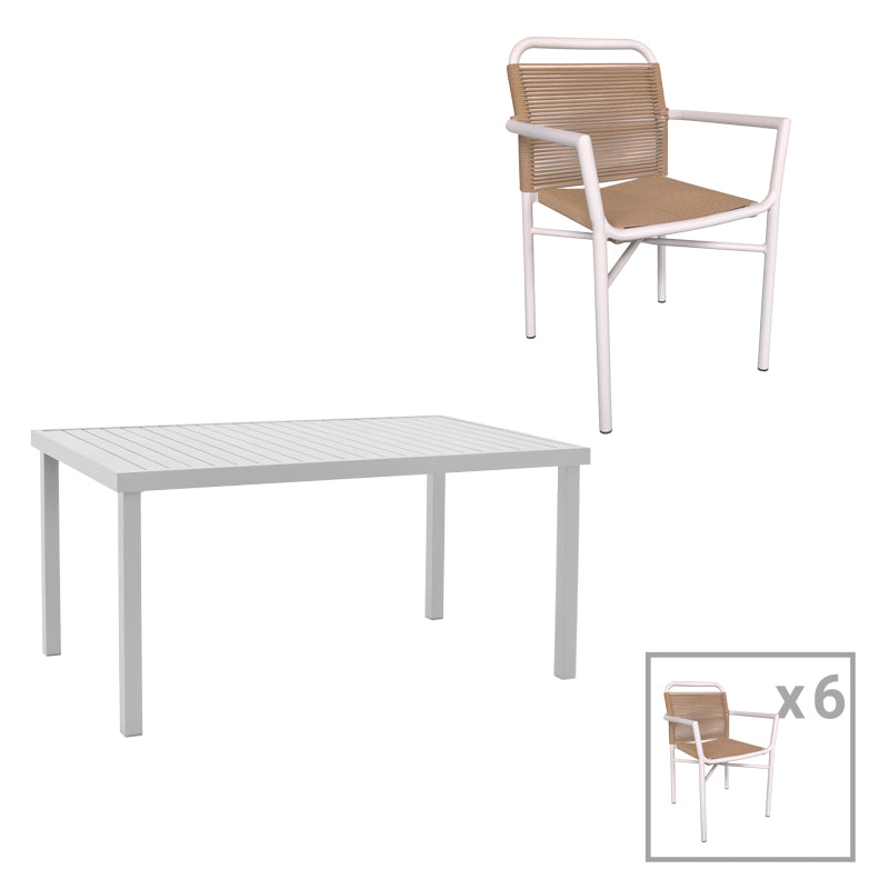 Комплект Клитон - Клъч  от 7бр алуминий в бял нюанс с маса150x80x74см