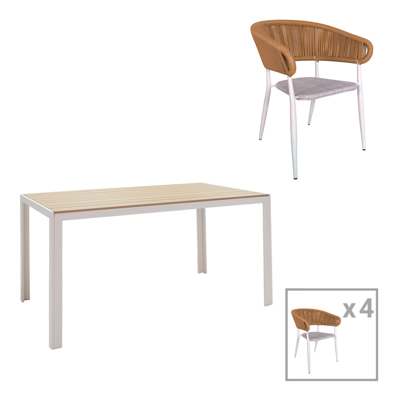 Трапезна маса Nares-Raven Комплект от 5бр. бял алуминий в естествен нюанс с маса  140x80x72.5см