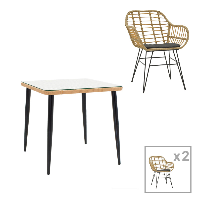 Комплект трапезна маса 80x80x78см и столове Naoki V от 3бр ратан пе в естествен нюанс и маса черен метал