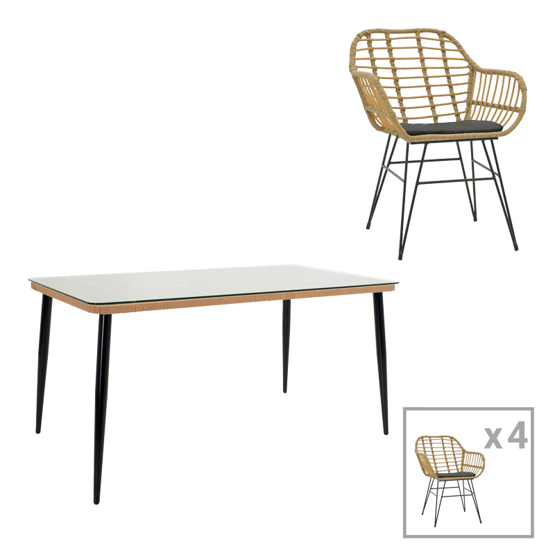 Градински комплект  Naoki X  от 5бр. ратан pe в естествен нюанс и черен метал маса160x90x78см