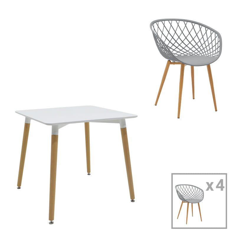 Комплект EZRA-NATALI с трапезна маса 80x80x76см от 5 pp-mdf в сиво-бял цвят с естествени крака