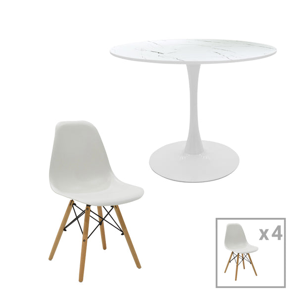 Комплект от 5 части с трапезна маса МЕРИ  d120x73cm pp-mdf в цвят бял мрамор и стол ИВИ