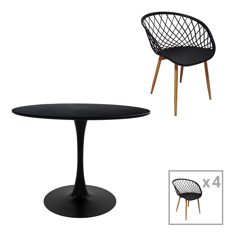 Комплект трапезна маса ezra-balou от 5 pp-mdf в черно-натурален цвят d120x73cm