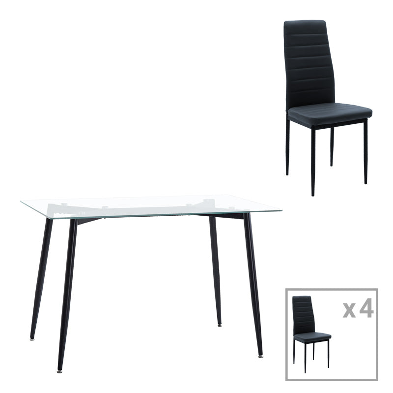 Комплект трапезна маса от 5 части Quana-Parker прозрачно стъкло-черен цвят крак 120x70x75см