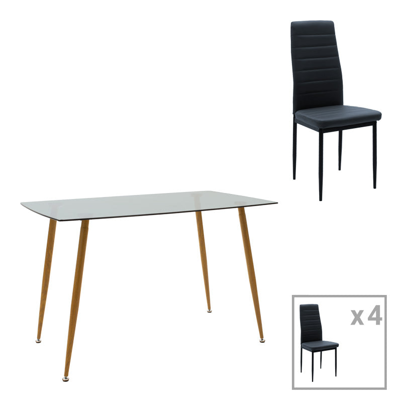 Комплект трапезна маса от 5 части chloe-parker стъкло в тъмно сиво-натурален цвят 120x70x75см