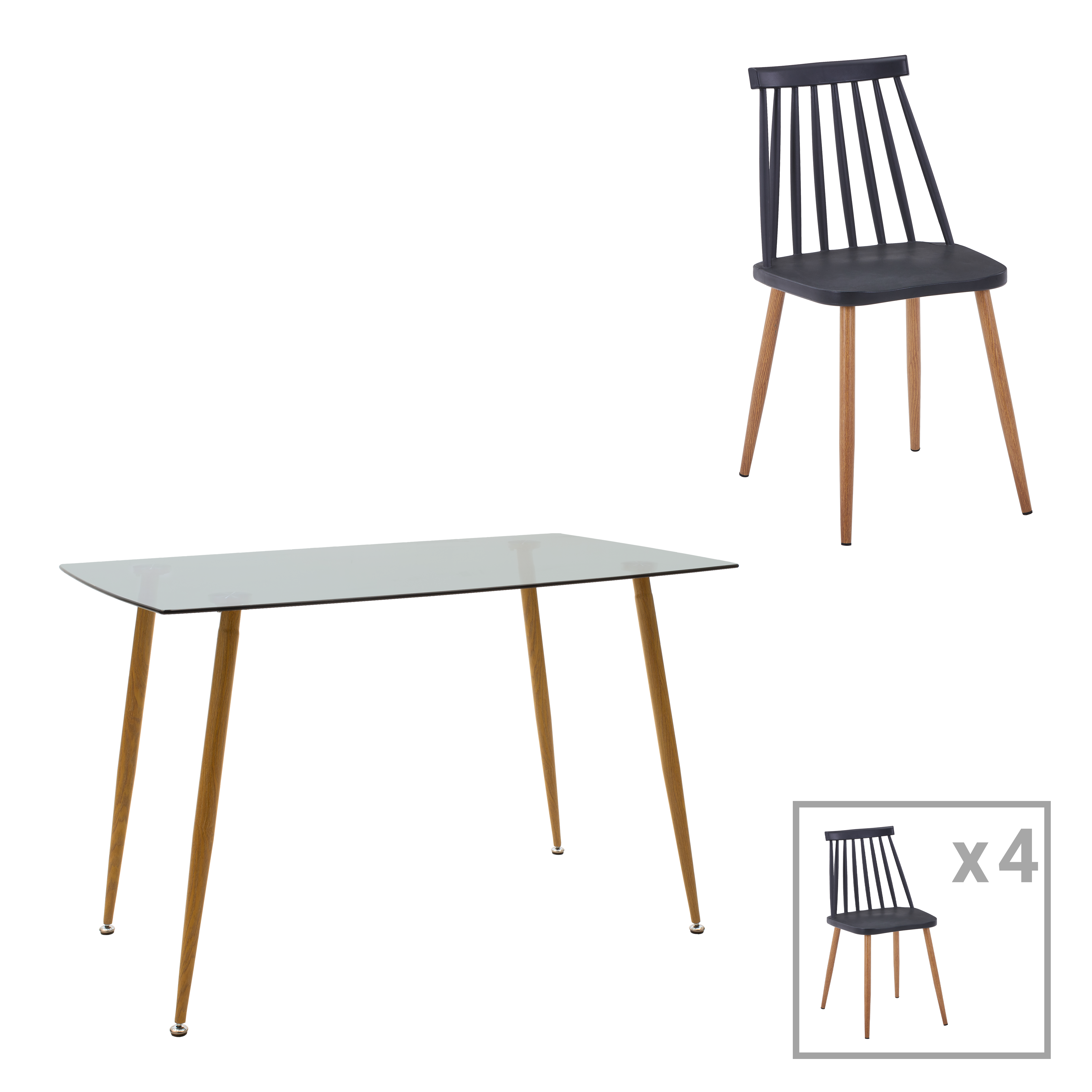 Трапезна маса chloe-aurora i комплект от 5 части стъкло 8мм антрацит - натурален черен крак 120х70х75см