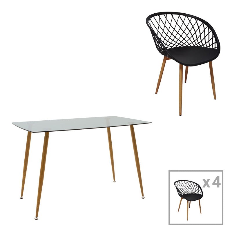 Комплект трапезна маса chloe-ezra от 5 части, 8мм стъкло антрацит - естествен крак 120х70х75см