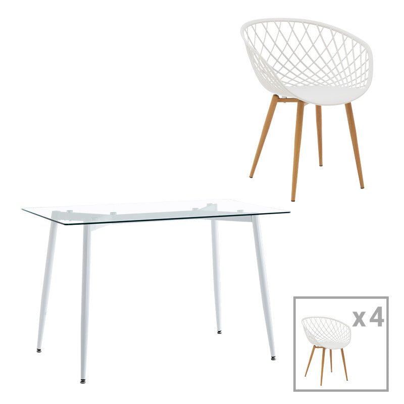 Quana-ezra трапезна маса комплект от 5 части стъкло 8мм прозрачно - бял крак 120x70x75см