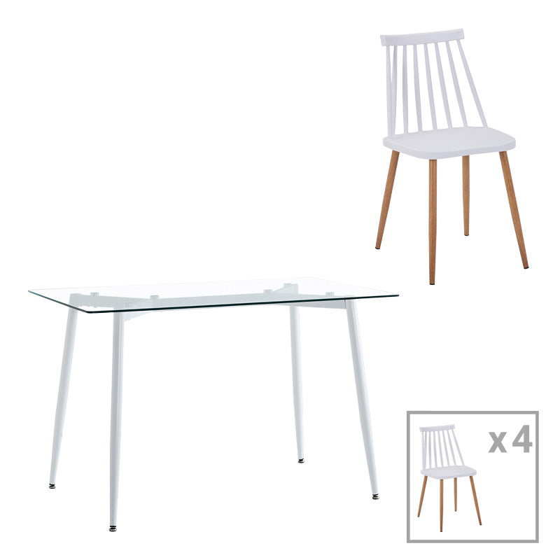 Комплект трапезна маса quana-aurora i от 5 части в прозрачно-бял нюанс 120x70x75см