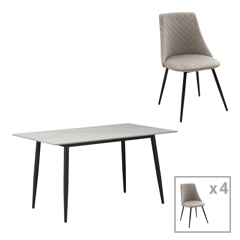 Комплект трапезна маса gustas-giselle от 5 бял мрамор синтерован камък-черен метал 120x80x75см